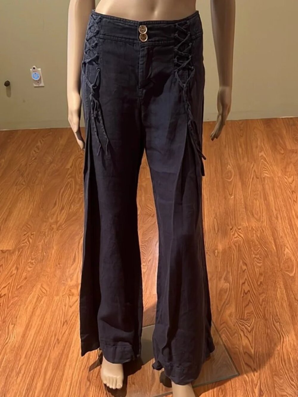 Anthropologie Elevenses Navy Blue Linen Pant Wide Leg With Lacing Front Size 10
